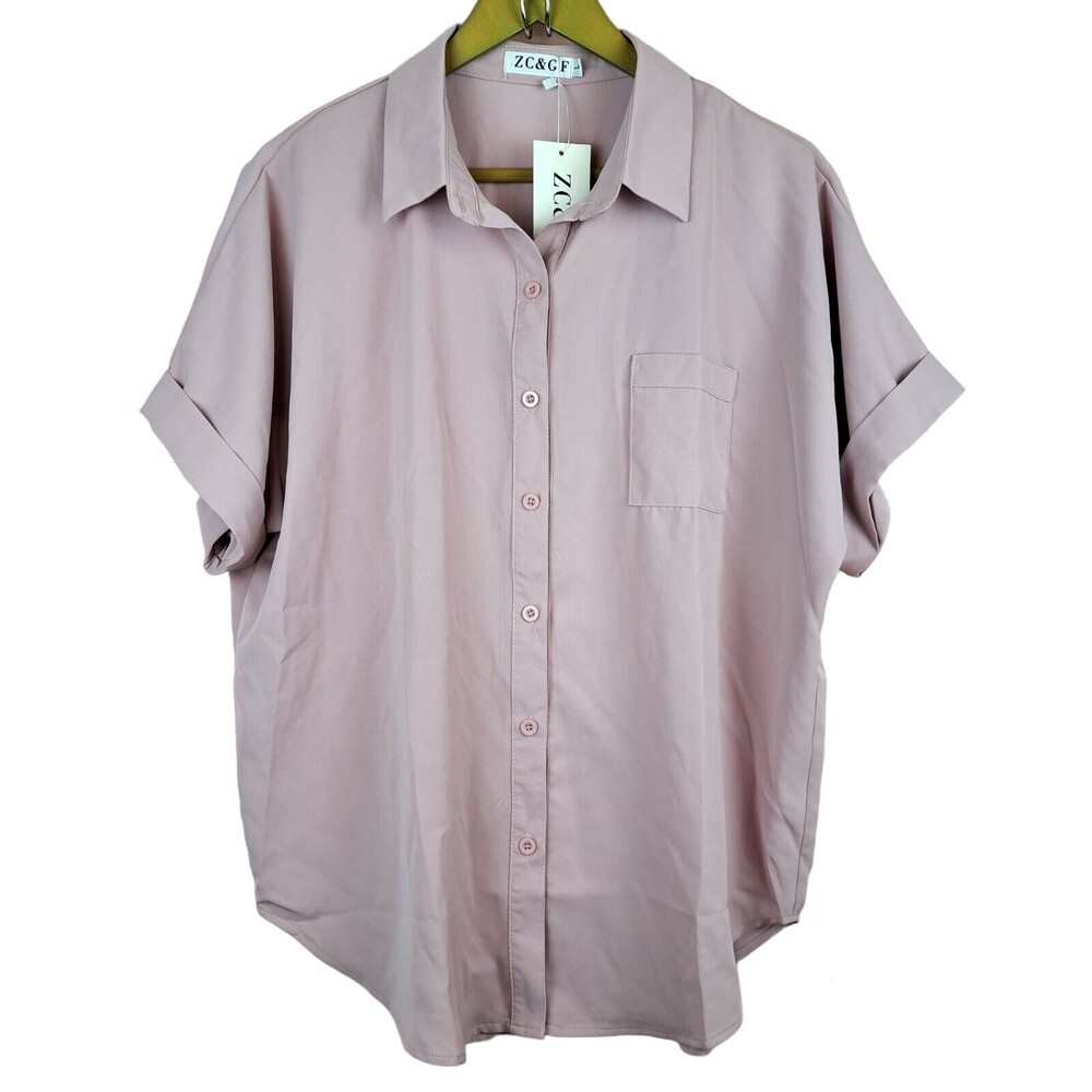 NEW ZC & GF Women Blouse Size L Dusty Pink Color Short Sleeve Button